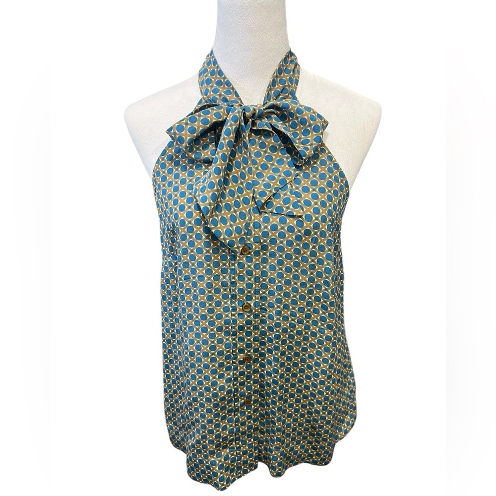 Girls From Savoy Anthropologie Blue & Gold 100% Silk Tie Neck Blouse (8) EUC